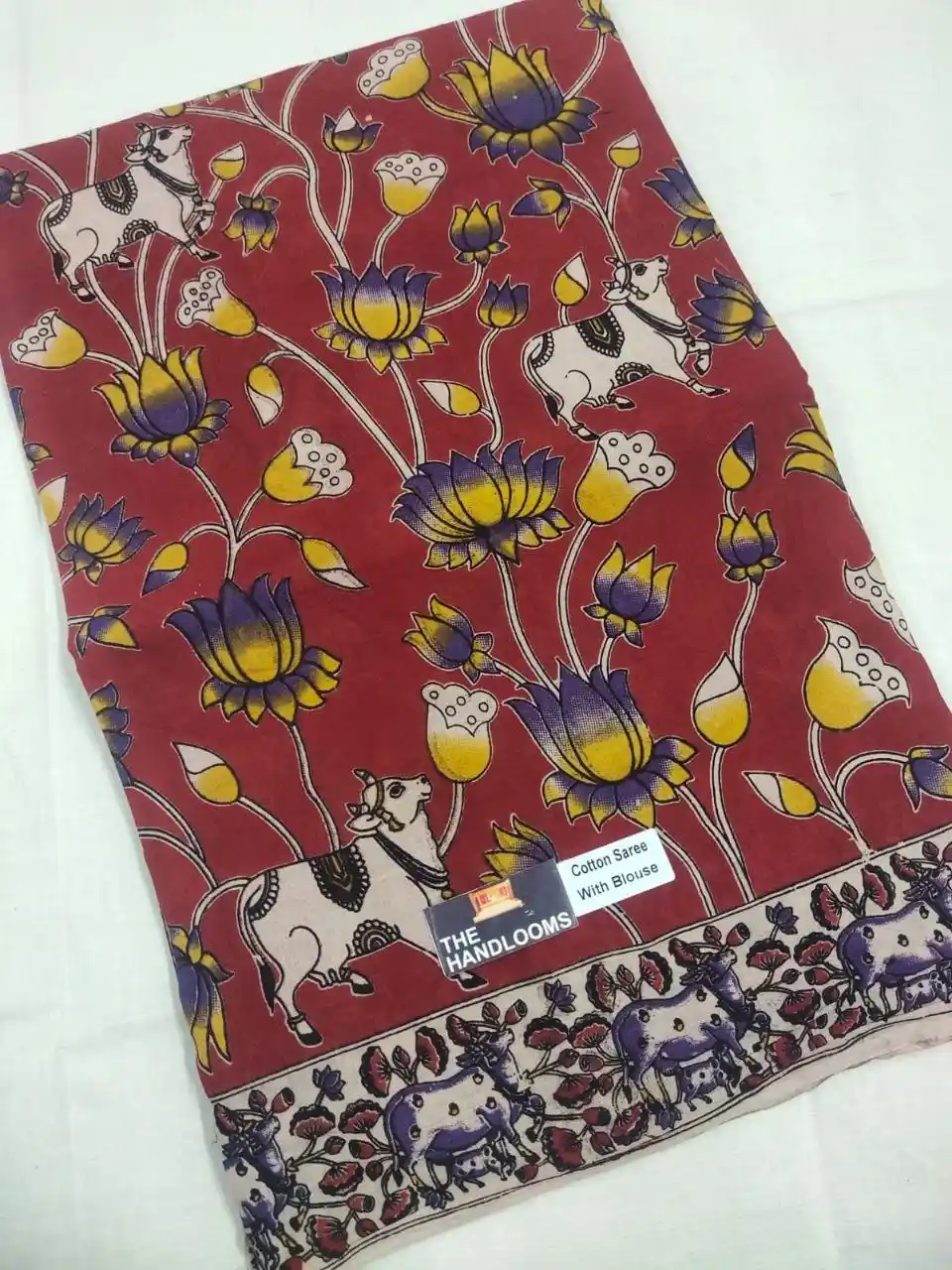 Red Sacred Lotus Cow Kalamkari Pure Handloom Cotton Saree